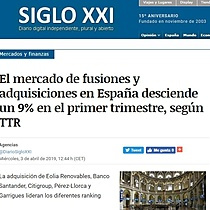 El mercado de fusiones y adquisiciones en Espaa desciende un 9% en el primer trimestre, segn TTR